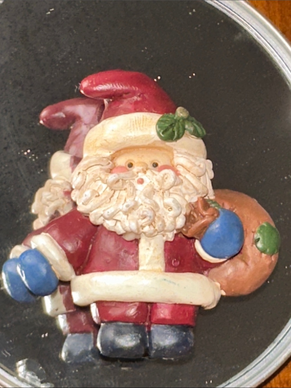 Vintage Red Santa Plastic Resin Brooch with Blue Accents